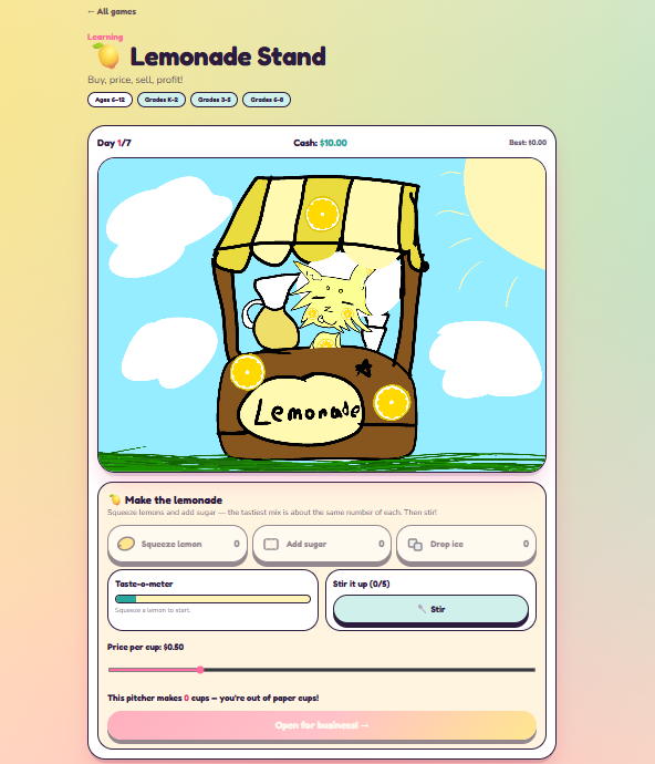 MeowZap's Lemonade Stand learning game, with the illustrated stand plus controls for squeezing lemons, adding sugar, stirring, and setting the price per cup.