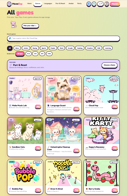 The MeowZap All games page, showing a colorful grid of age-adaptive game tiles for children including Make Music Lab, Language Quest, Cloud Hop, Sandbox Cats, and more.