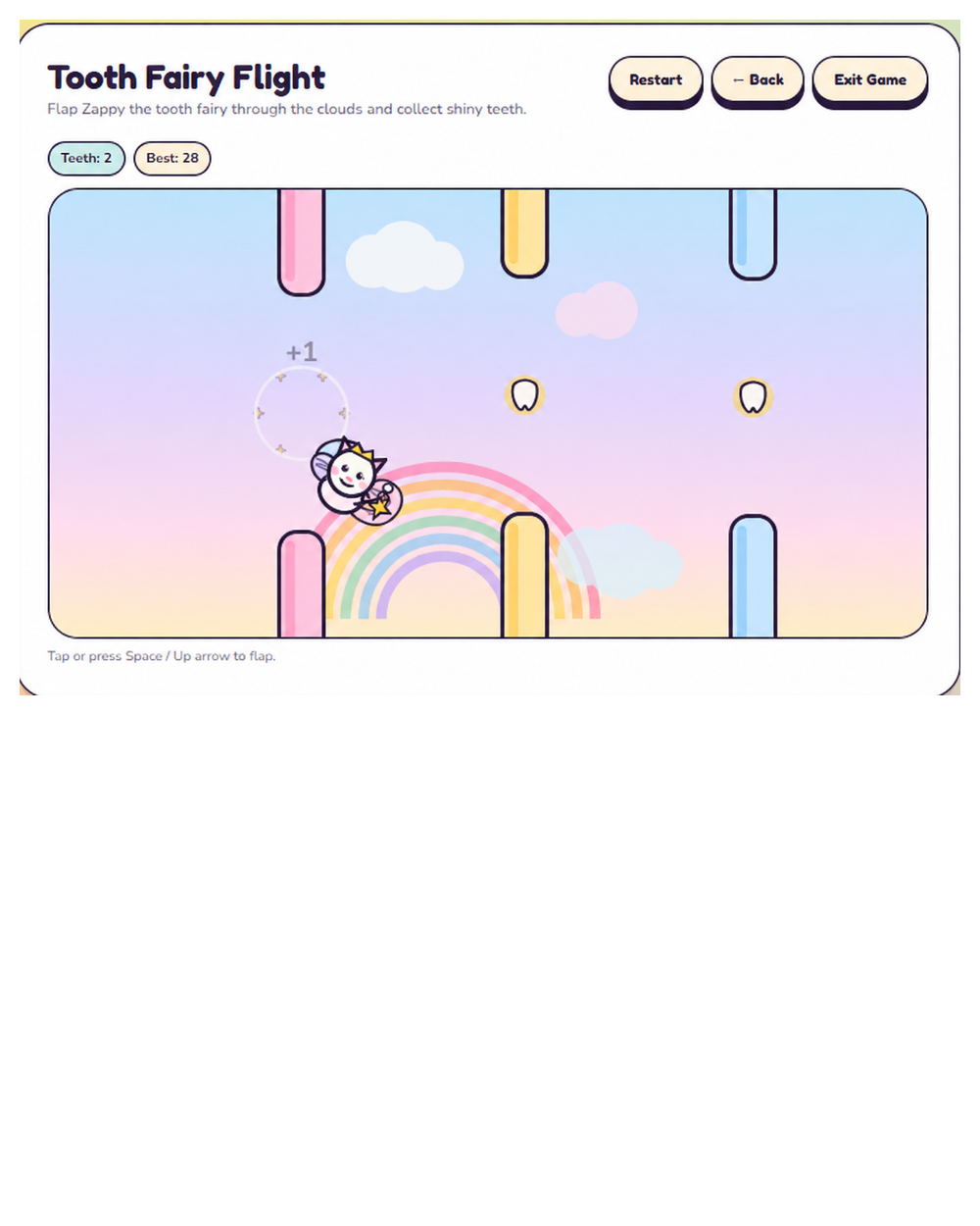 MeowZap Care dental activity: the Tooth Fairy Flight game where a character flies through clouds collecting teeth.