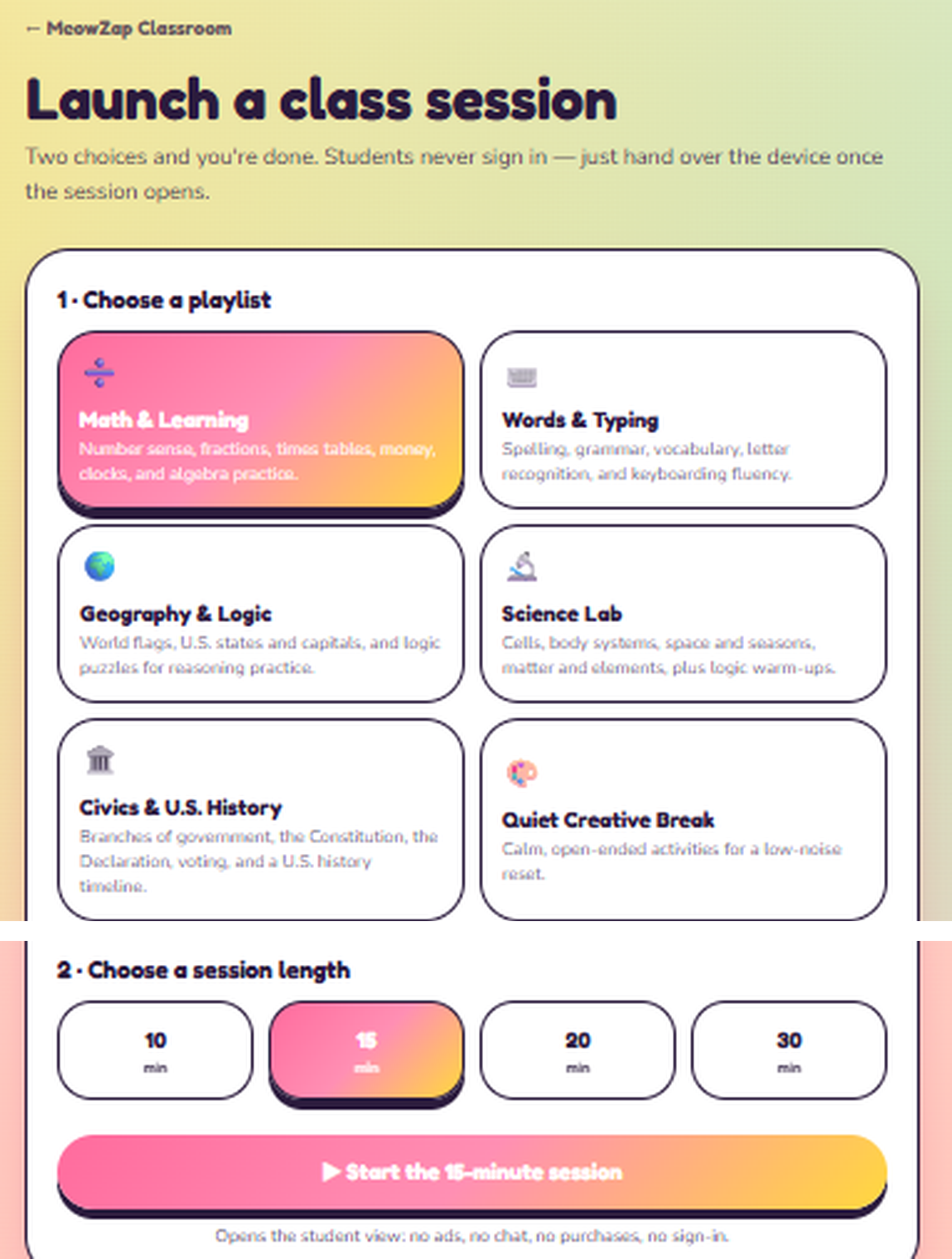 The MeowZap Classroom launch screen, showing subject playlists such as Math & Learning and Science Lab, session length options, and a start session button.