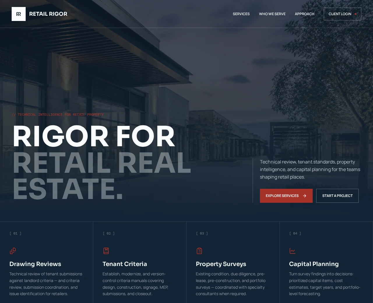 Retail Rigor homepage featuring its Rigor for Retail Real Estate introduction and service areas