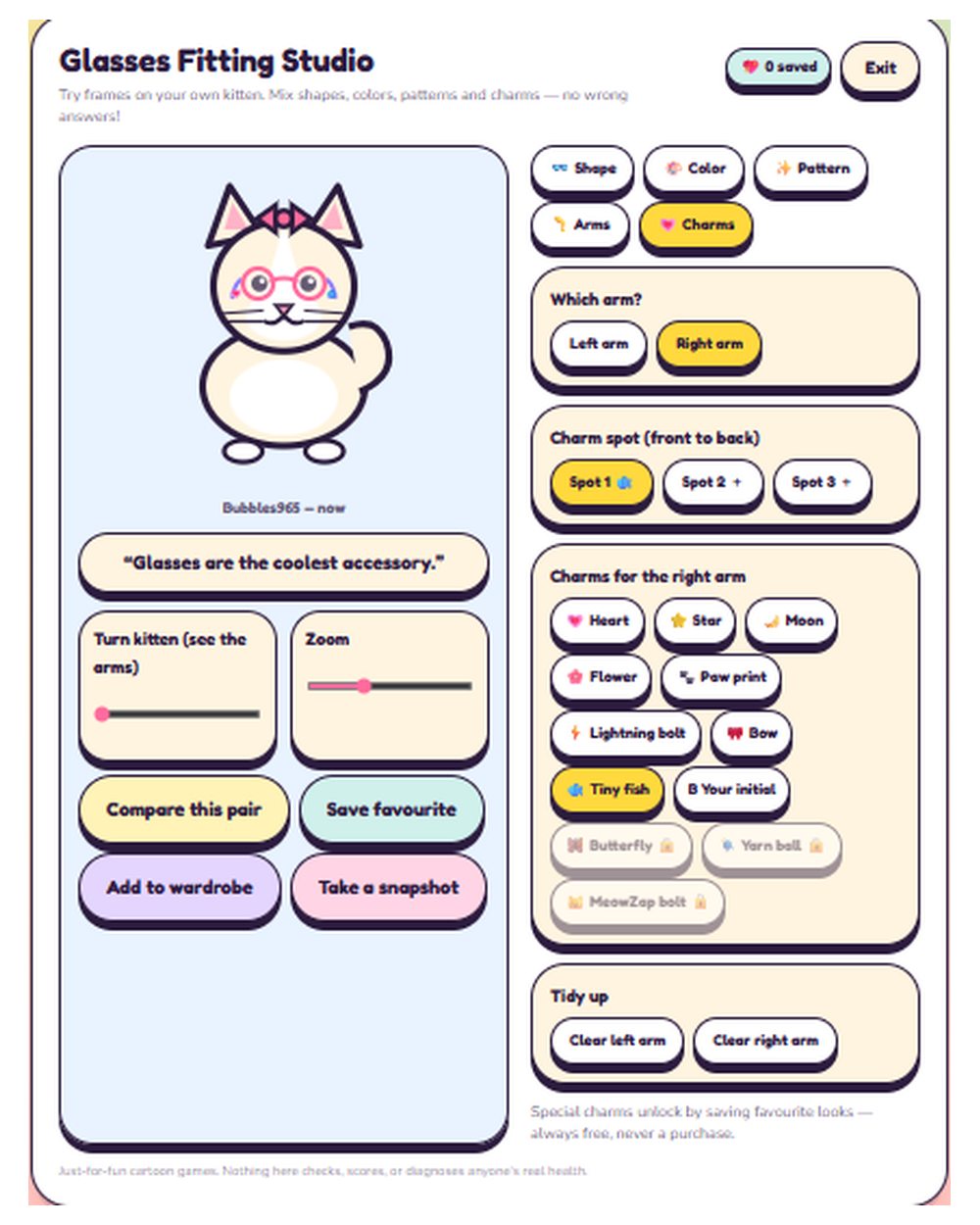 MeowZap eye care activity: a Glasses Fitting Studio where children try frame shapes, colors, patterns, and charms on a cartoon kitten.