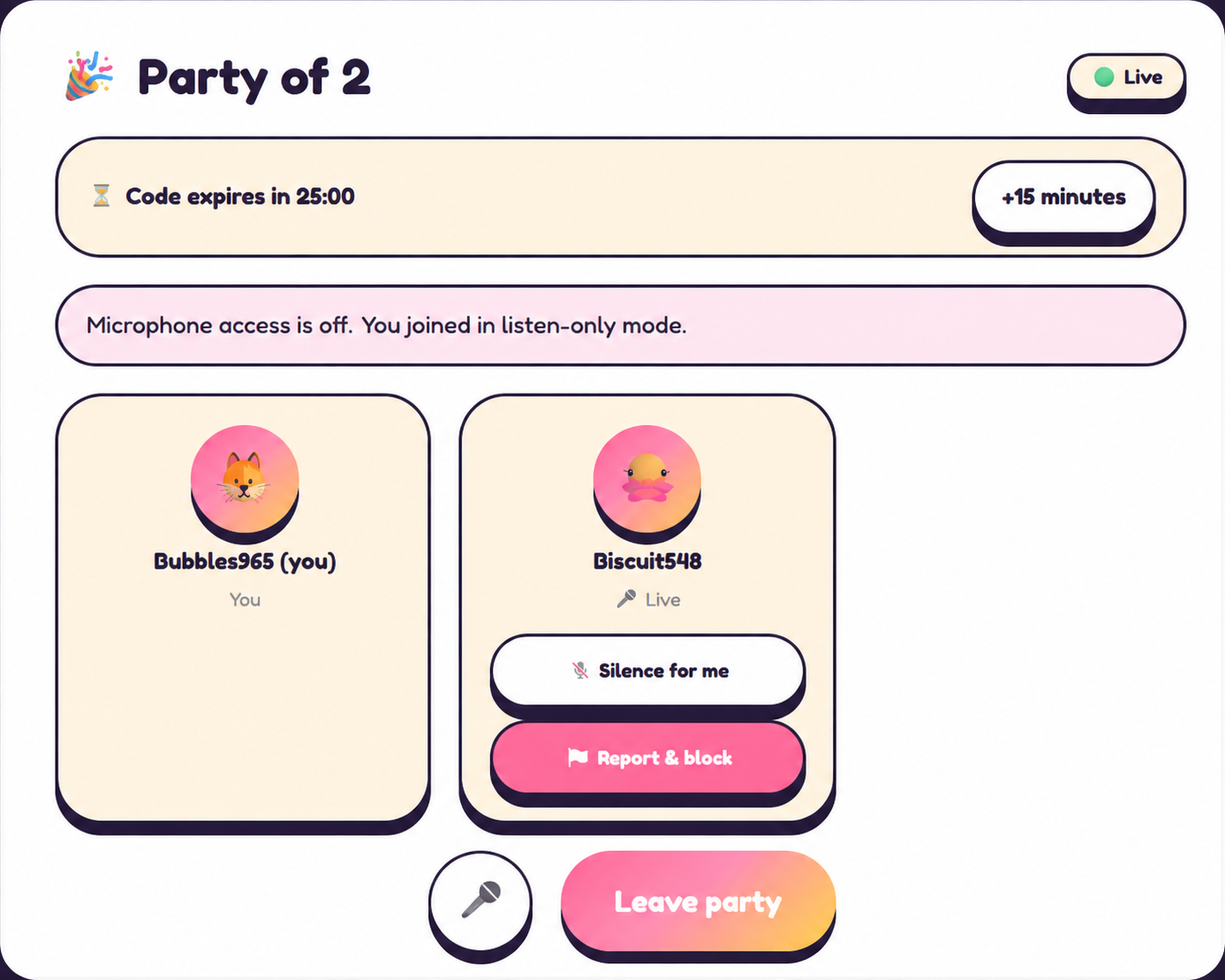 MeowZap Party Mode with two players shown by nickname and avatar, plus listen-only microphone status and safety controls.